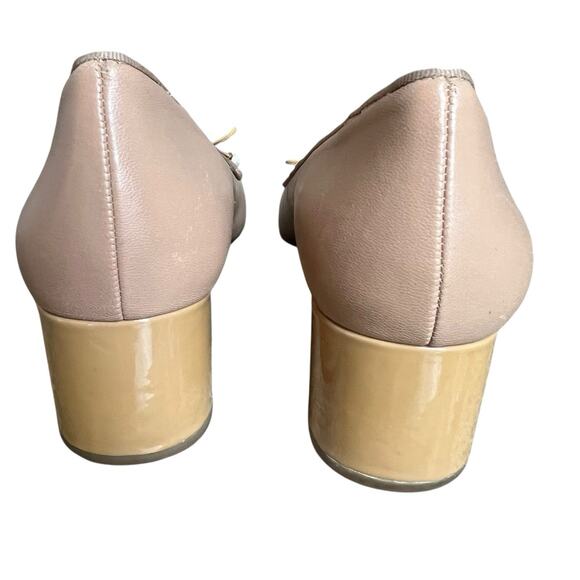 Michael Kors Beige Tan Gia Block Heel Pump Size 8 Bow Cap Toe Patent - Picture 9 of 12